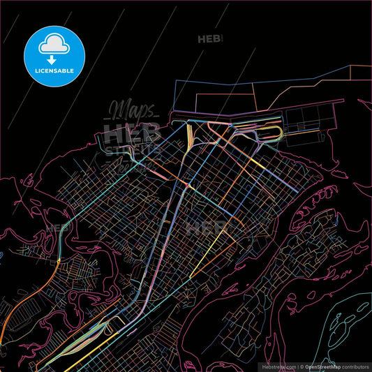 Paranagua, Brazil, colorful city map on black background