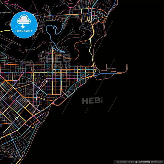 Comodoro Rivadavia, Argentina, colorful city map on black background