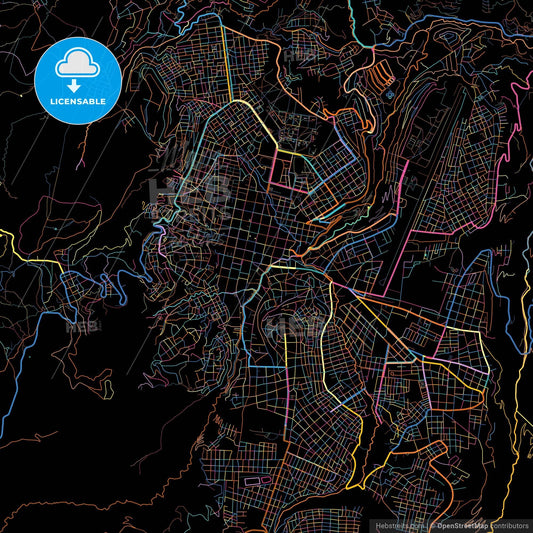 Ayacucho, Peru, colorful city map on black background