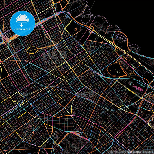 Belgrano, Argentina, colorful city map on black background