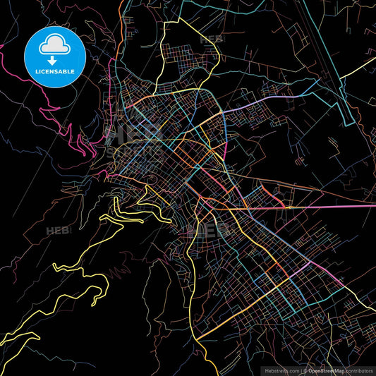Cajamarca, Peru, colorful city map on black background