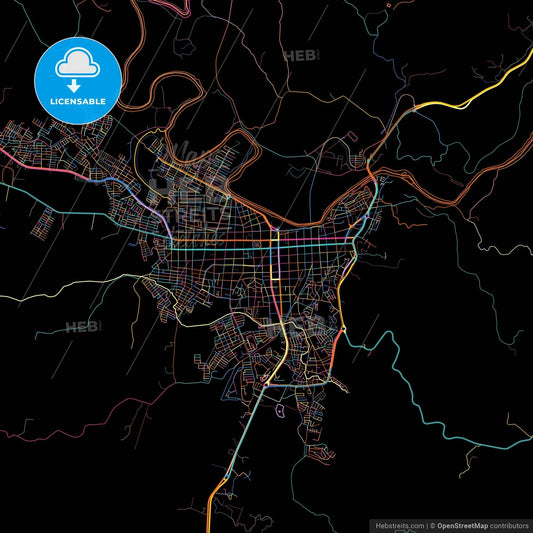 Cartago, Colombia, colorful city map on black background