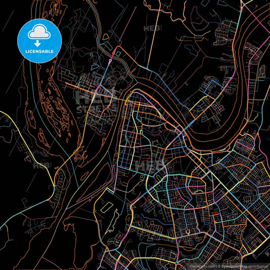 Valdivia, Chile, colorful city map on black background