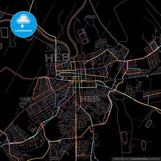 Pindamonhangaba, Brazil, colorful city map on black background