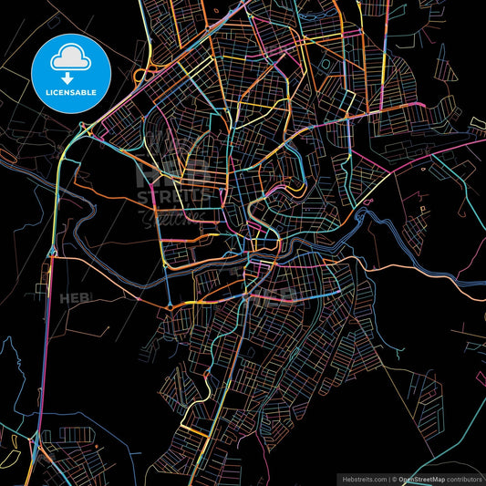 Mogi Guacu, Brazil, colorful city map on black background