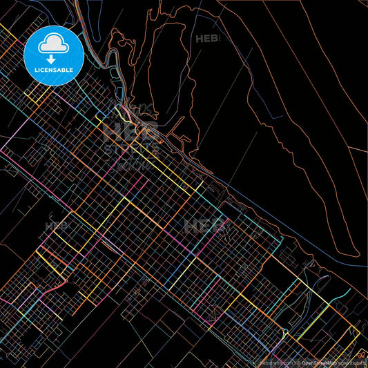 San Nicolas de los Arroyos, Argentina, colorful city map on black background