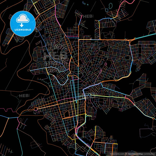 Patos de Minas, Brazil, colorful city map on black background