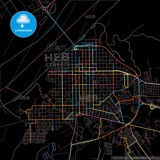 Uruguaiana, Brazil, colorful city map on black background