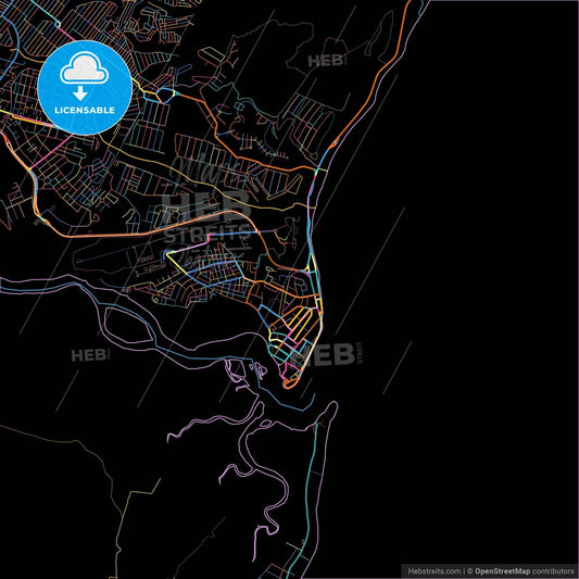 Porto Seguro, Brazil, colorful city map on black background