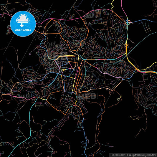 Barbacena, Brazil, colorful city map on black background