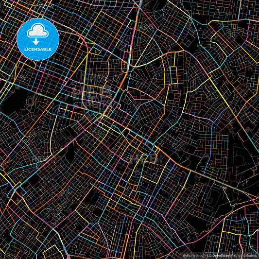 Fernando de la Mora, Paraguay, colorful city map on black background