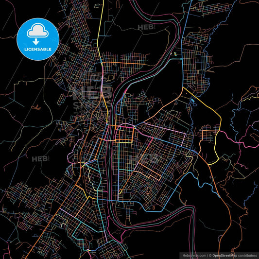 Quevedo, Ecuador, colorful city map on black background