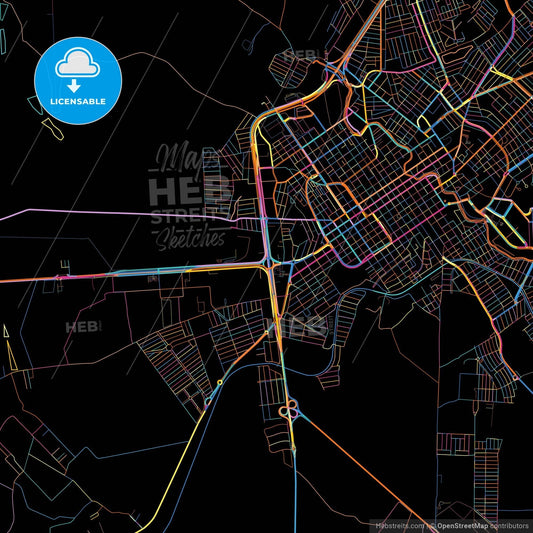 Jau, Brazil, colorful city map on black background