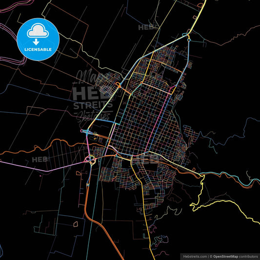 Guadalajara de Buga, Colombia, colorful city map on black background