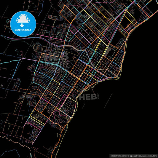 Punta Arenas, Chile, colorful city map on black background