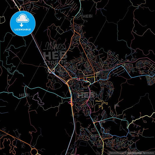 Simoes Filho, Brazil, colorful city map on black background