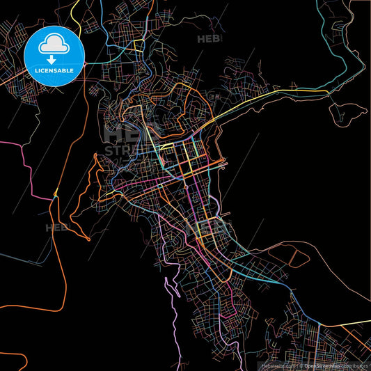 Puno, Peru, colorful city map on black background