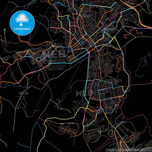 Pouso Alegre, Brazil, colorful city map on black background