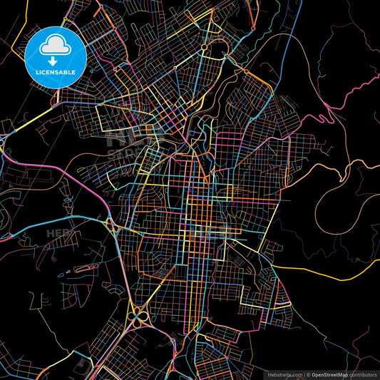 Botucatu, Brazil, colorful city map on black background