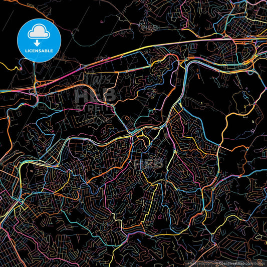Jandira, Brazil, colorful city map on black background