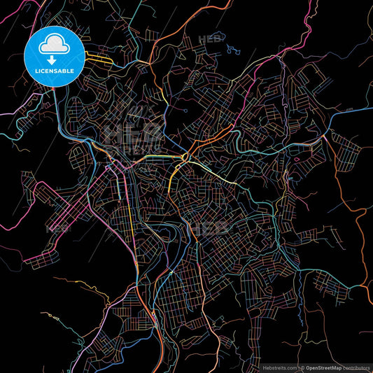 Conselheiro Lafaiete, Brazil, colorful city map on black background