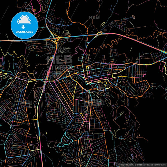 Atibaia, Brazil, colorful city map on black background