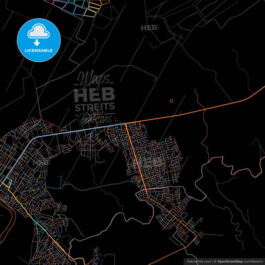 Tumbes, Peru, colorful city map on black background