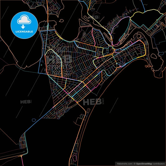 Cabo Frio, Brazil, colorful city map on black background
