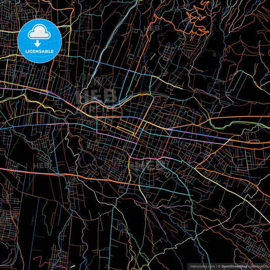 Sacaba, Bolivia, colorful city map on black background