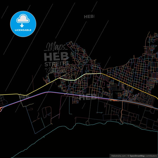 Mariara, Venezuela, colorful city map on black background
