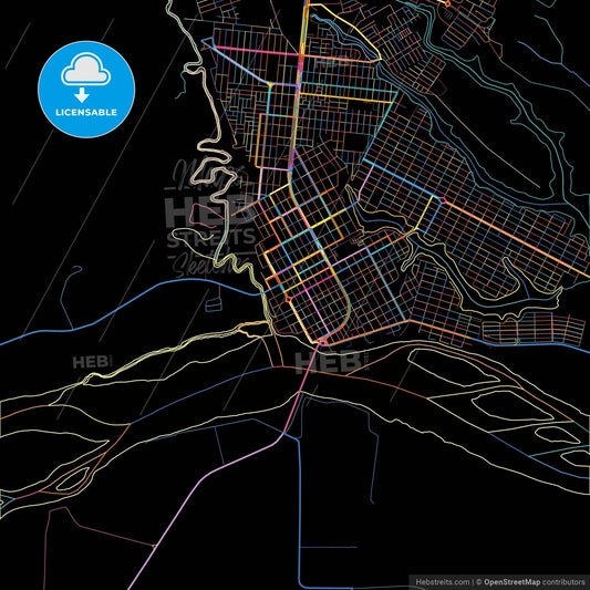 Linhares, Brazil, colorful city map on black background