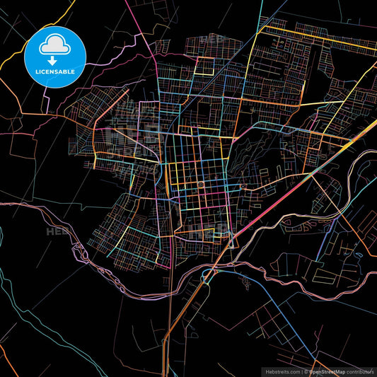 Curico, Chile, colorful city map on black background