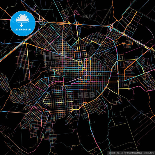 Assis, Brazil, colorful city map on black background