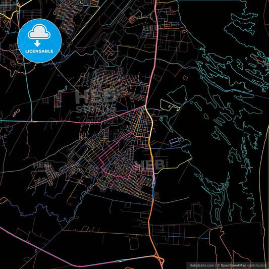Malambo, Colombia, colorful city map on black background