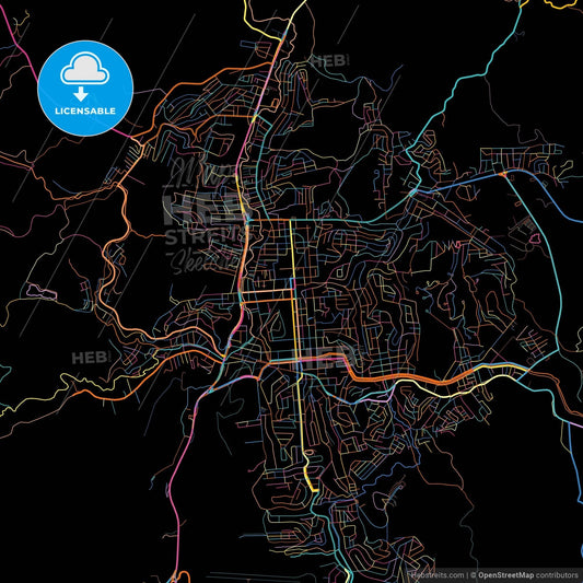 Teofilo Otoni, Brazil, colorful city map on black background