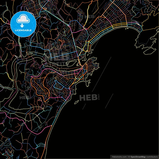 Guarapari, Brazil, colorful city map on black background