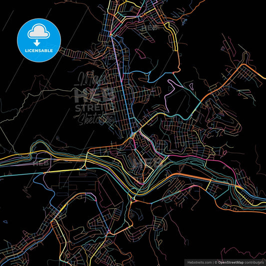 Coronel Fabriciano, Brazil, colorful city map on black background
