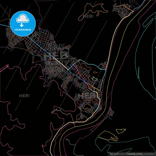 Magangue, Colombia, colorful city map on black background