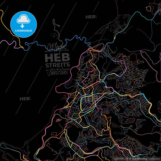 Itabira, Brazil, colorful city map on black background