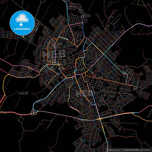 Passos, Brazil, colorful city map on black background