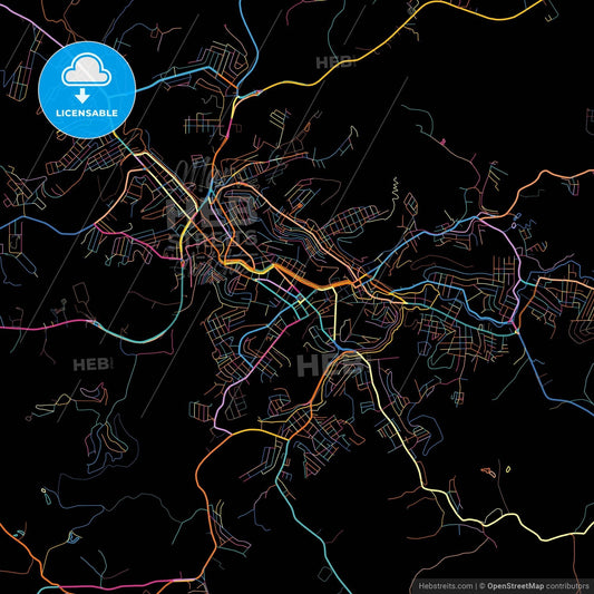 Uba, Brazil, colorful city map on black background