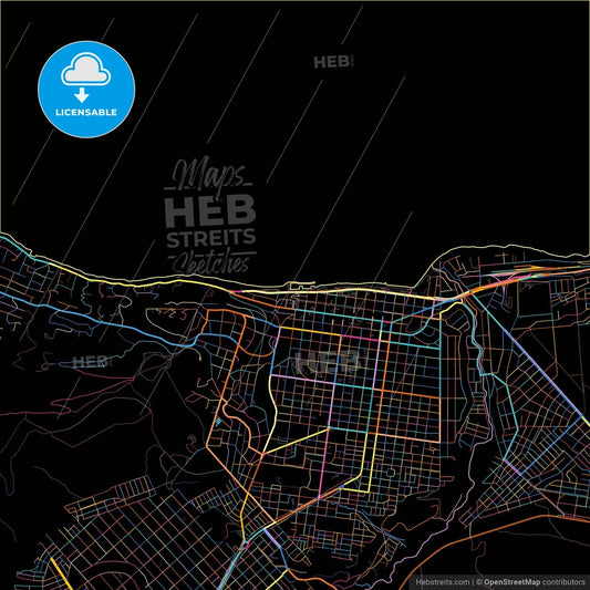 San Carlos de Bariloche, Argentina, colorful city map on black background