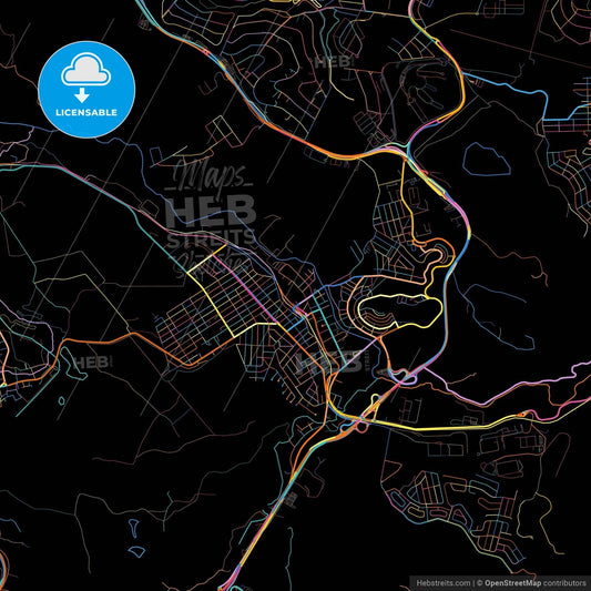 Vespasiano, Brazil, colorful city map on black background