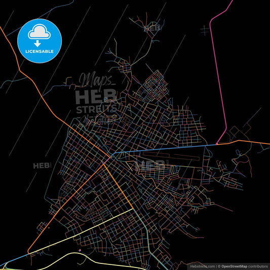 Carora, Venezuela, colorful city map on black background