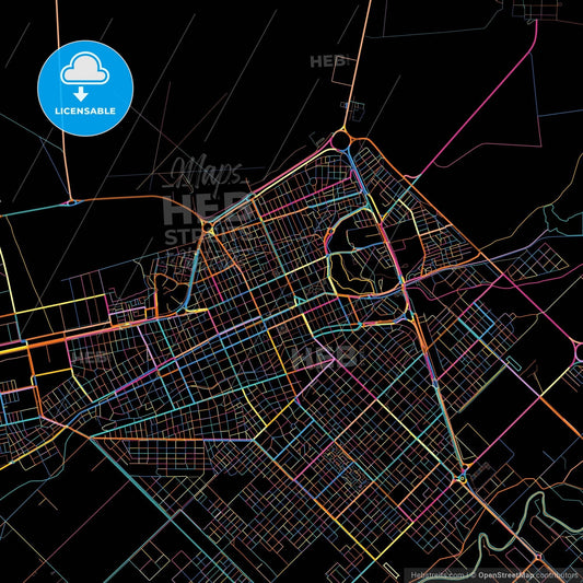 Trelew, Argentina, colorful city map on black background