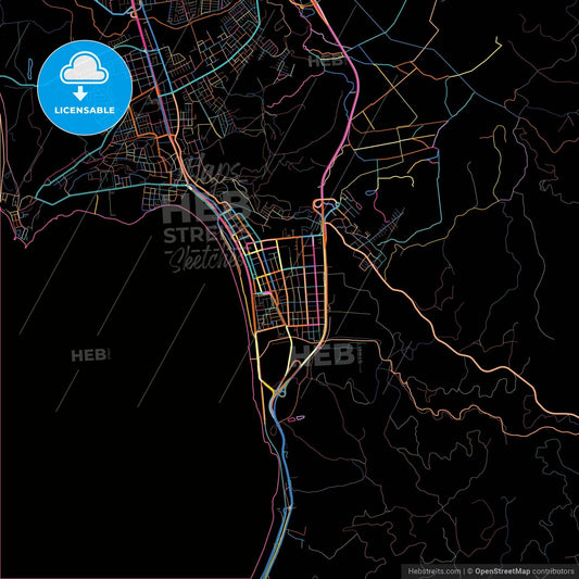 Coronel, Chile, colorful city map on black background