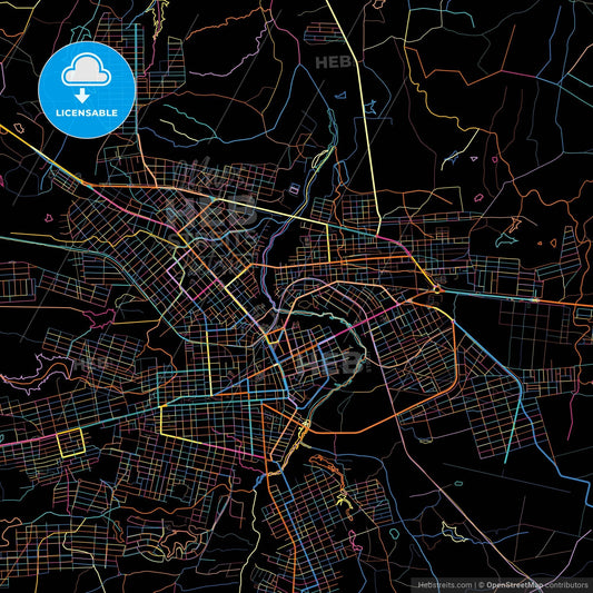 Patos, Brazil, colorful city map on black background