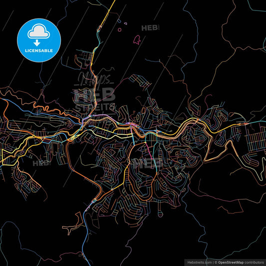 Muriae, Brazil, colorful city map on black background