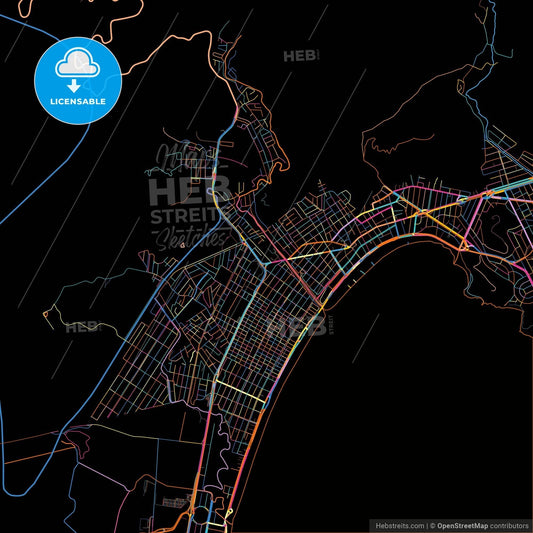 Caraguatatuba, Brazil, colorful city map on black background