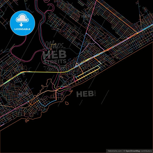 Itanhaem, Brazil, colorful city map on black background